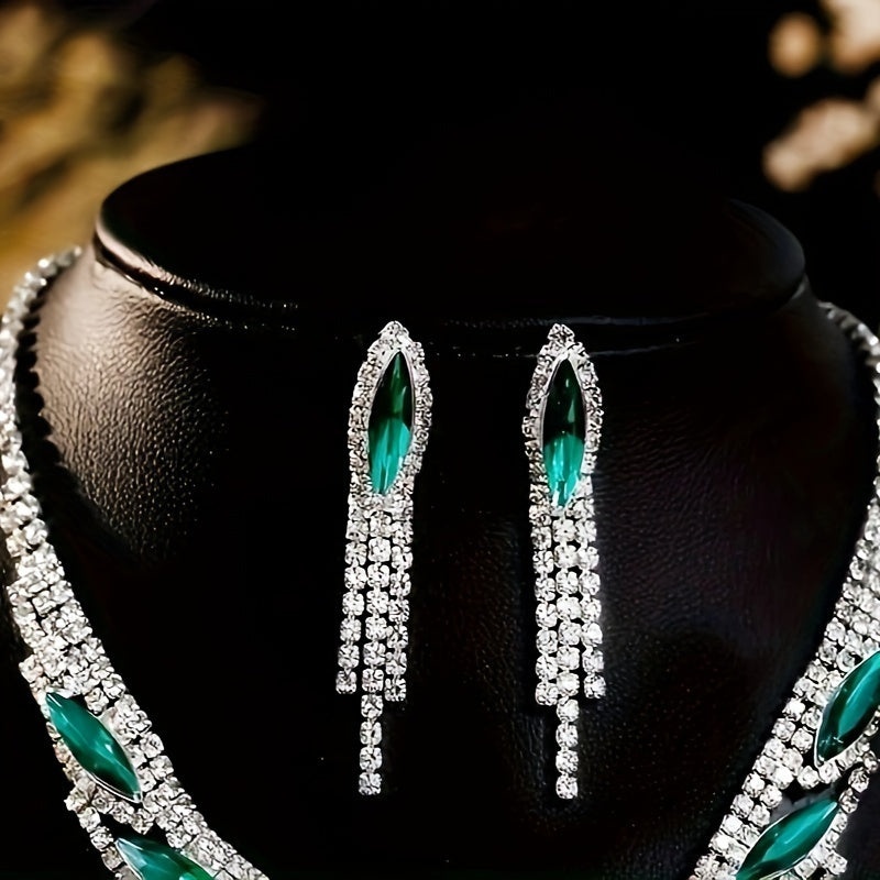 3-Piece Crystal Rhinestone & Green Gemstone Tassel Jewelry Set