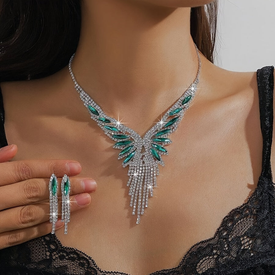 3-Piece Crystal Rhinestone & Green Gemstone Tassel Jewelry Set