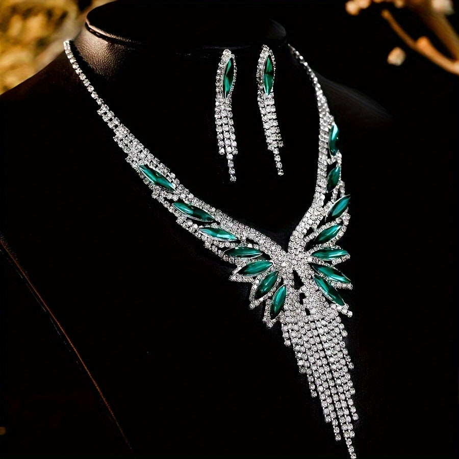 3-Piece Crystal Rhinestone & Green Gemstone Tassel Jewelry Set