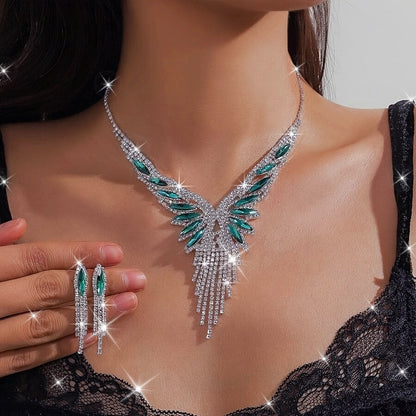 3-Piece Crystal Rhinestone & Green Gemstone Tassel Jewelry Set