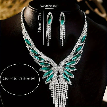 3-Piece Crystal Rhinestone & Green Gemstone Tassel Jewelry Set