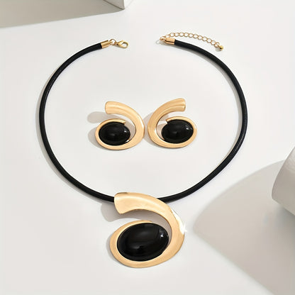 Retro Geometric Black Pendant Necklace and Earrings