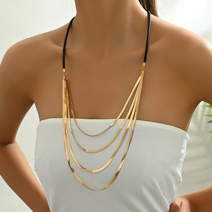 Multi-Layer Snake Chain Necklace with Leather Cord