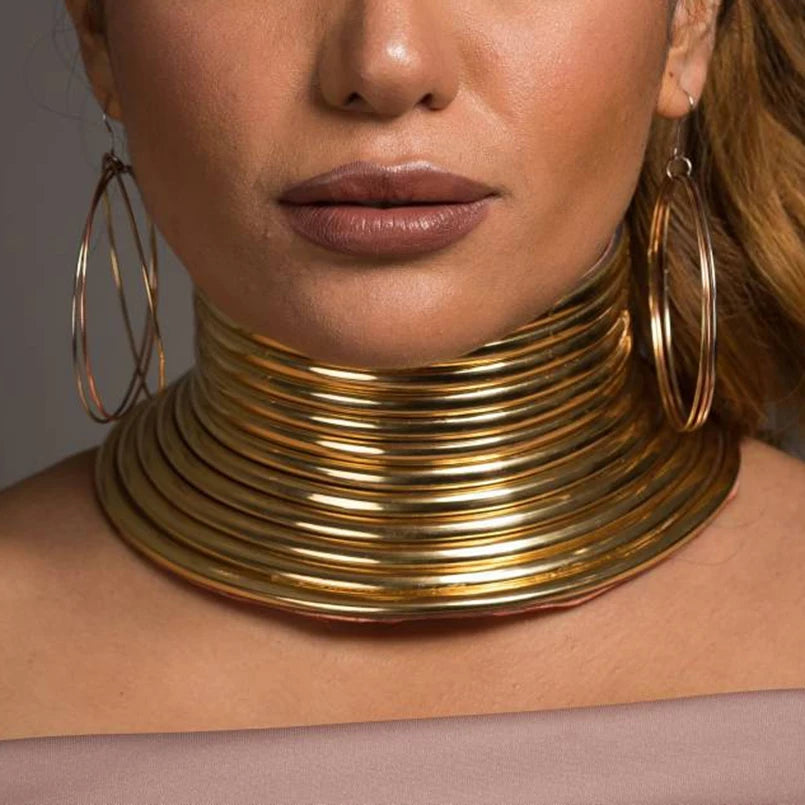 African Gold Leather Collar with Adjustable Choker Necklace