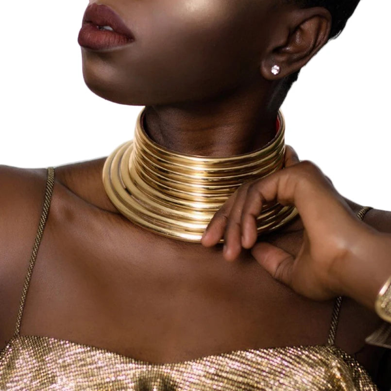 African Gold Leather Collar with Adjustable Choker Necklace