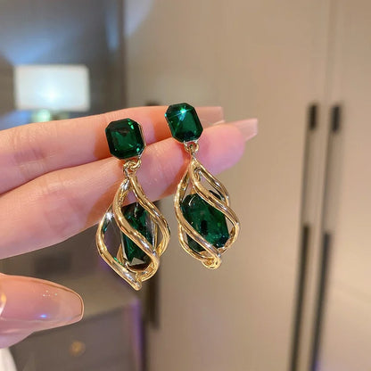 Gold Color Hollow Stud Earrings With Exquisite Green Crystal Stone