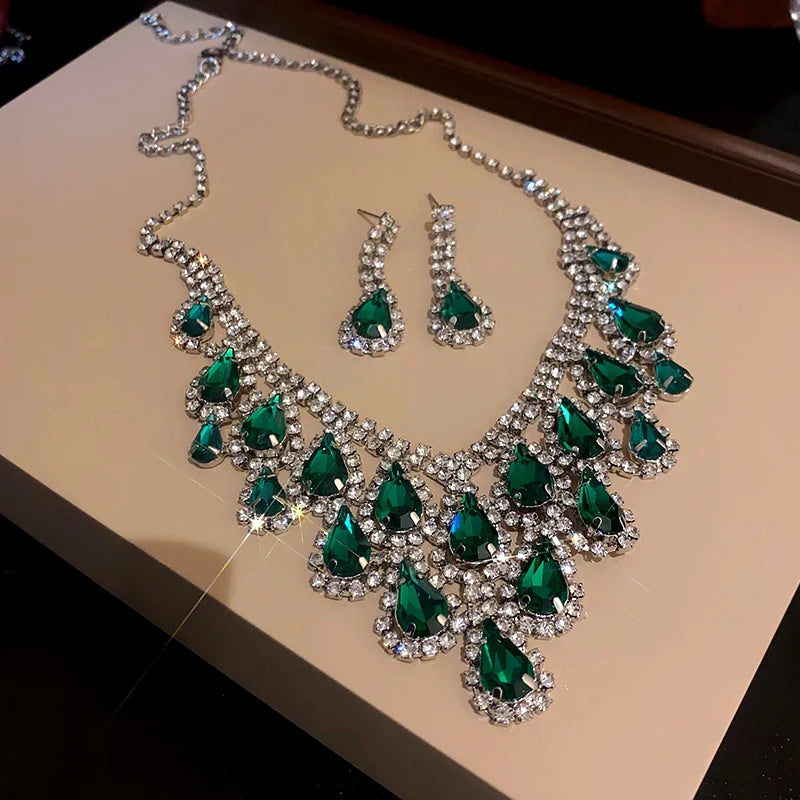 Water Drop Emerald Silver Necklace with Fringe Dangle Earrings