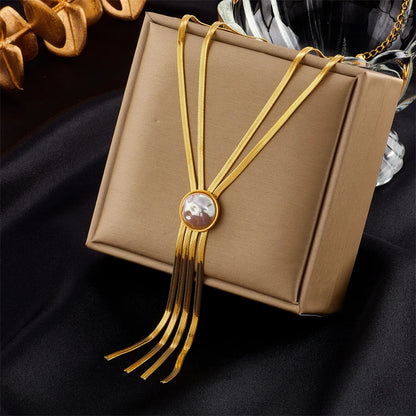 316L Stainless Steel Gold Color 2-Layered Pearl Tassel Necklace