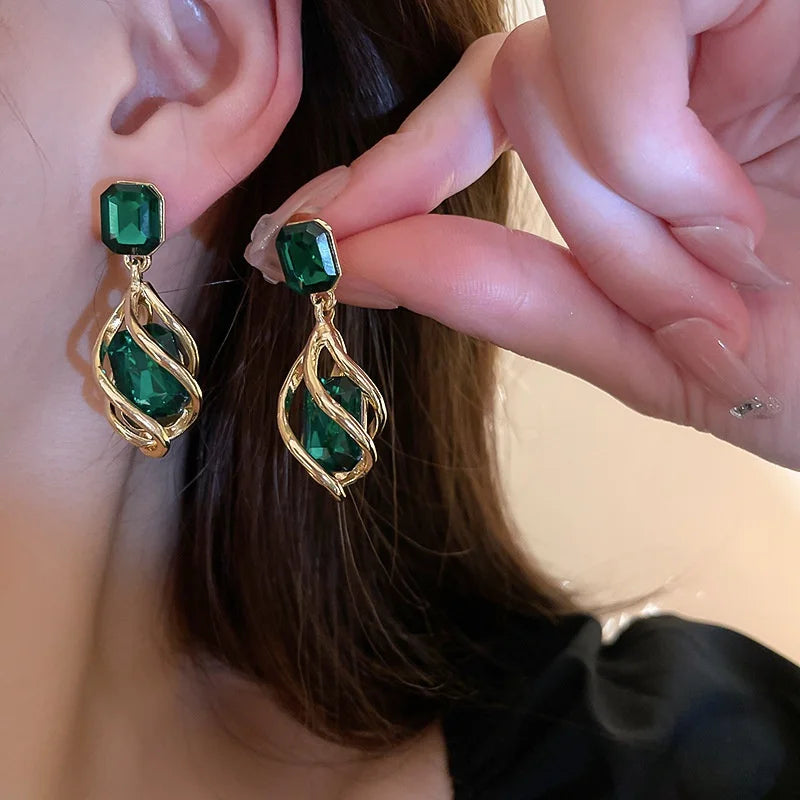 Gold Color Hollow Stud Earrings With Exquisite Green Crystal Stone