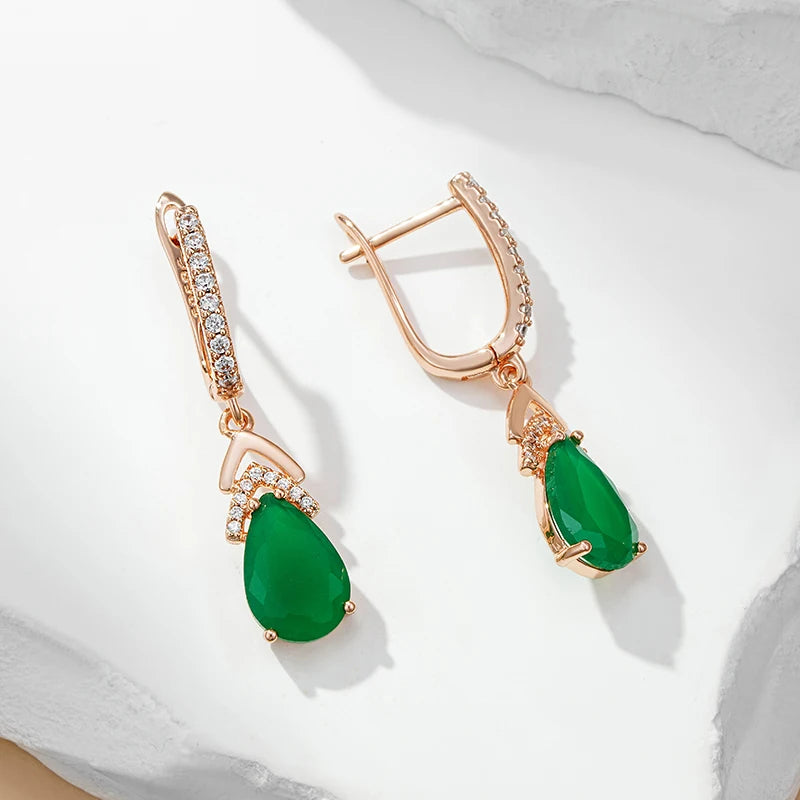 585 Rose Gold Color Emerald Drop Zircon Earrings