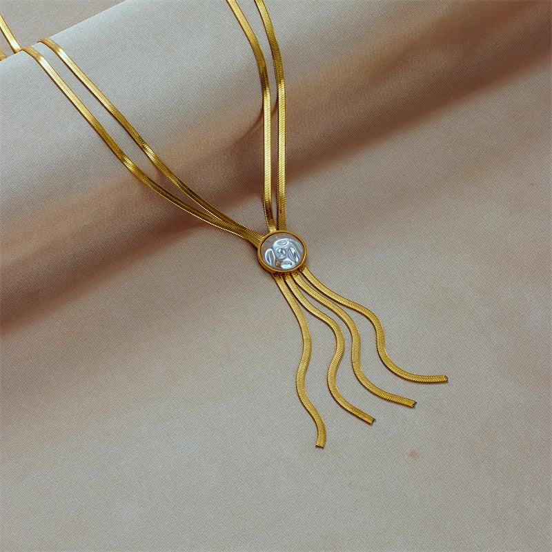 316L Stainless Steel Gold Color 2-Layered Pearl Tassel Necklace