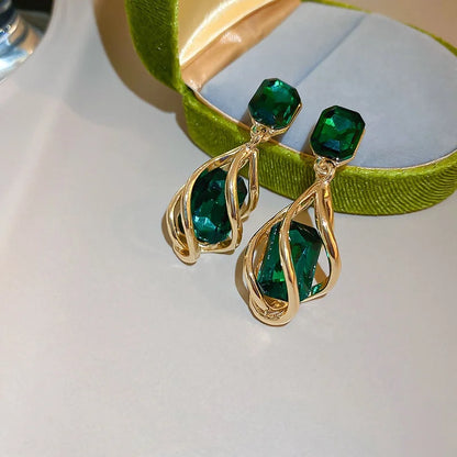 Gold Color Hollow Stud Earrings With Exquisite Green Crystal Stone