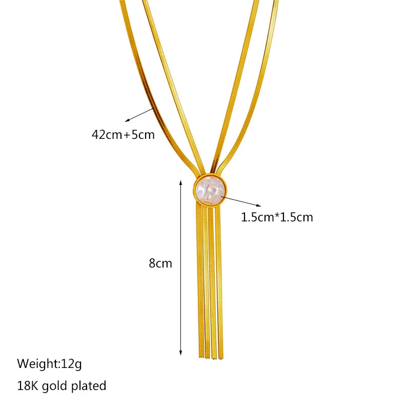 316L Stainless Steel Gold Color 2-Layered Pearl Tassel Necklace