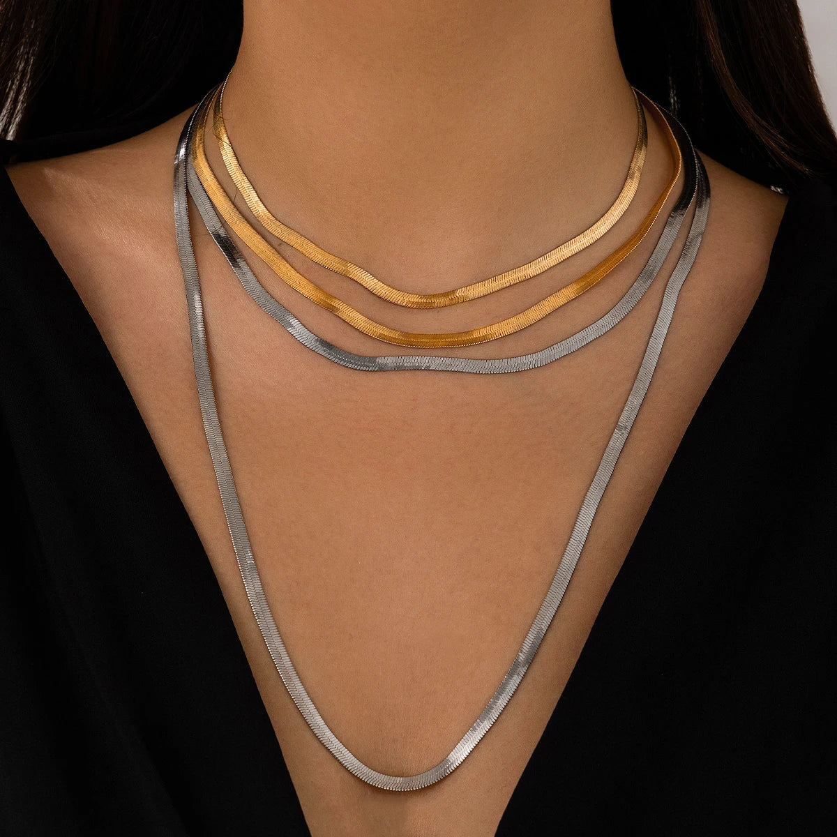 Multilayer Smooth Snake Chain Necklace with Gold Choker