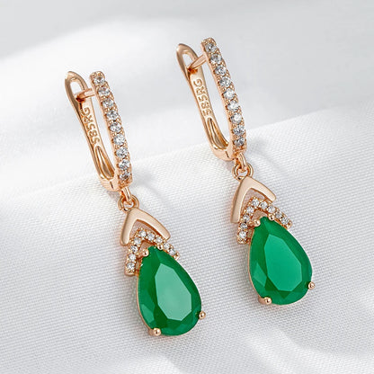 585 Rose Gold Color Emerald Drop Zircon Earrings