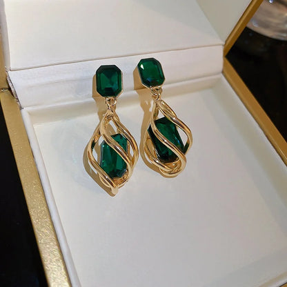 Gold Color Hollow Stud Earrings With Exquisite Green Crystal Stone