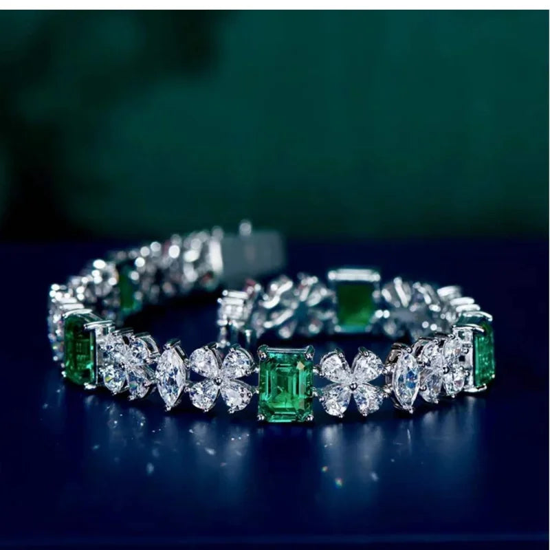 925 Sterling Silver Lab Emerald Diamond Bracelet