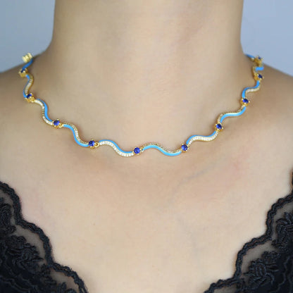 Gold Color Enamel Waved Bar Charm Choker Necklace