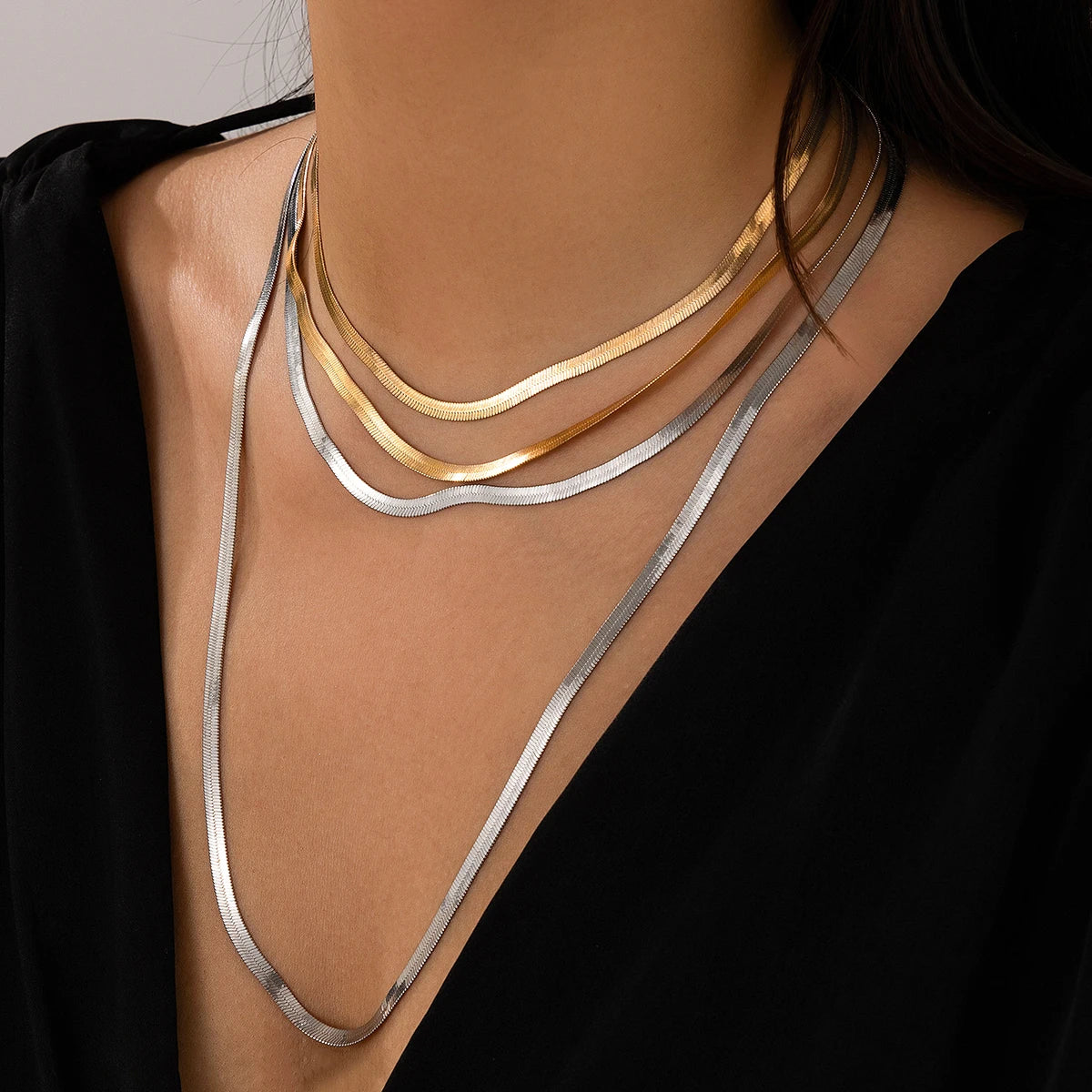 Multilayer Smooth Snake Chain Necklace with Gold Choker