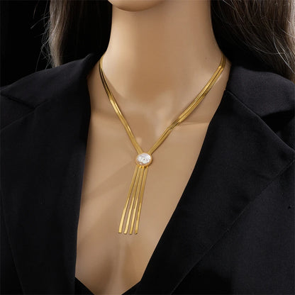 316L Stainless Steel Gold Color 2-Layered Pearl Tassel Necklace