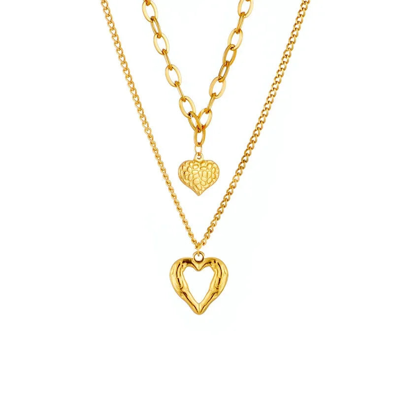 New Two-Heart Gold Necklace with Uneven Folds