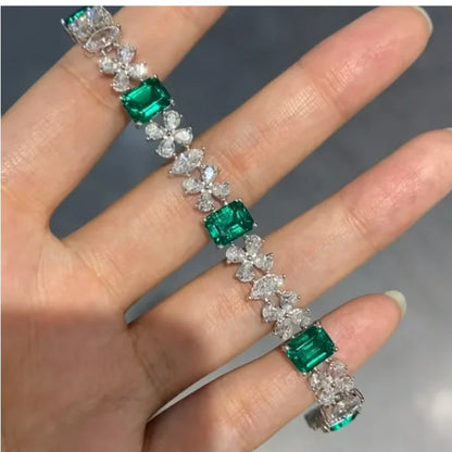 925 Sterling Silver Lab Emerald Diamond Bracelet