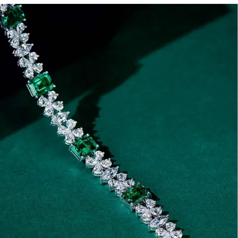 925 Sterling Silver Lab Emerald Diamond Bracelet