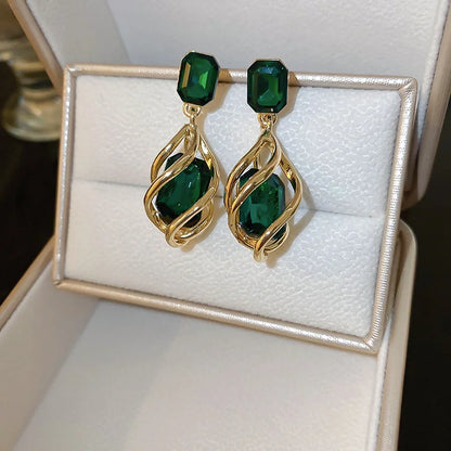 Gold Color Hollow Stud Earrings With Exquisite Green Crystal Stone