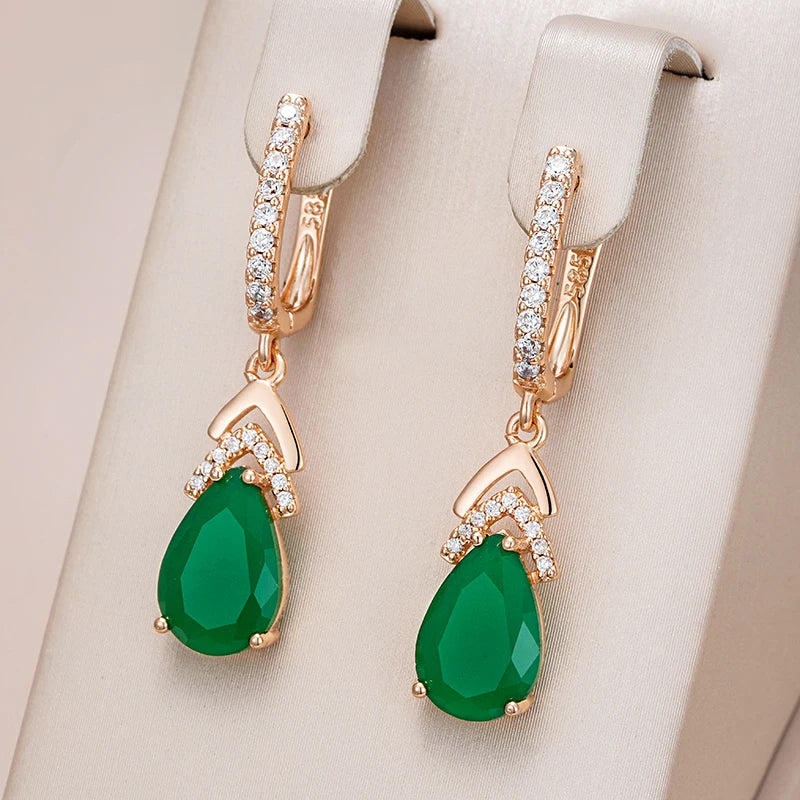 585 Rose Gold Color Emerald Drop Zircon Earrings