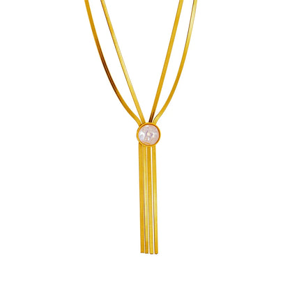 316L Stainless Steel Gold Color 2-Layered Pearl Tassel Necklace