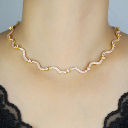 Gold Color Enamel Waved Bar Charm Choker Necklace