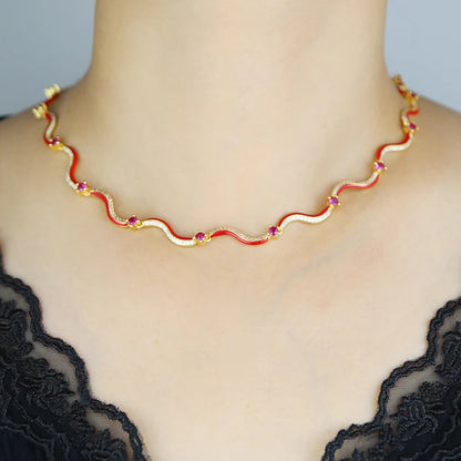 Gold Color Enamel Waved Bar Charm Choker Necklace